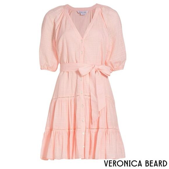 Veronica Beard Dewey Tiered Cotton Button-Up Tie Waist Dress Pink Haze Sz 8 - Picture 7 of 15